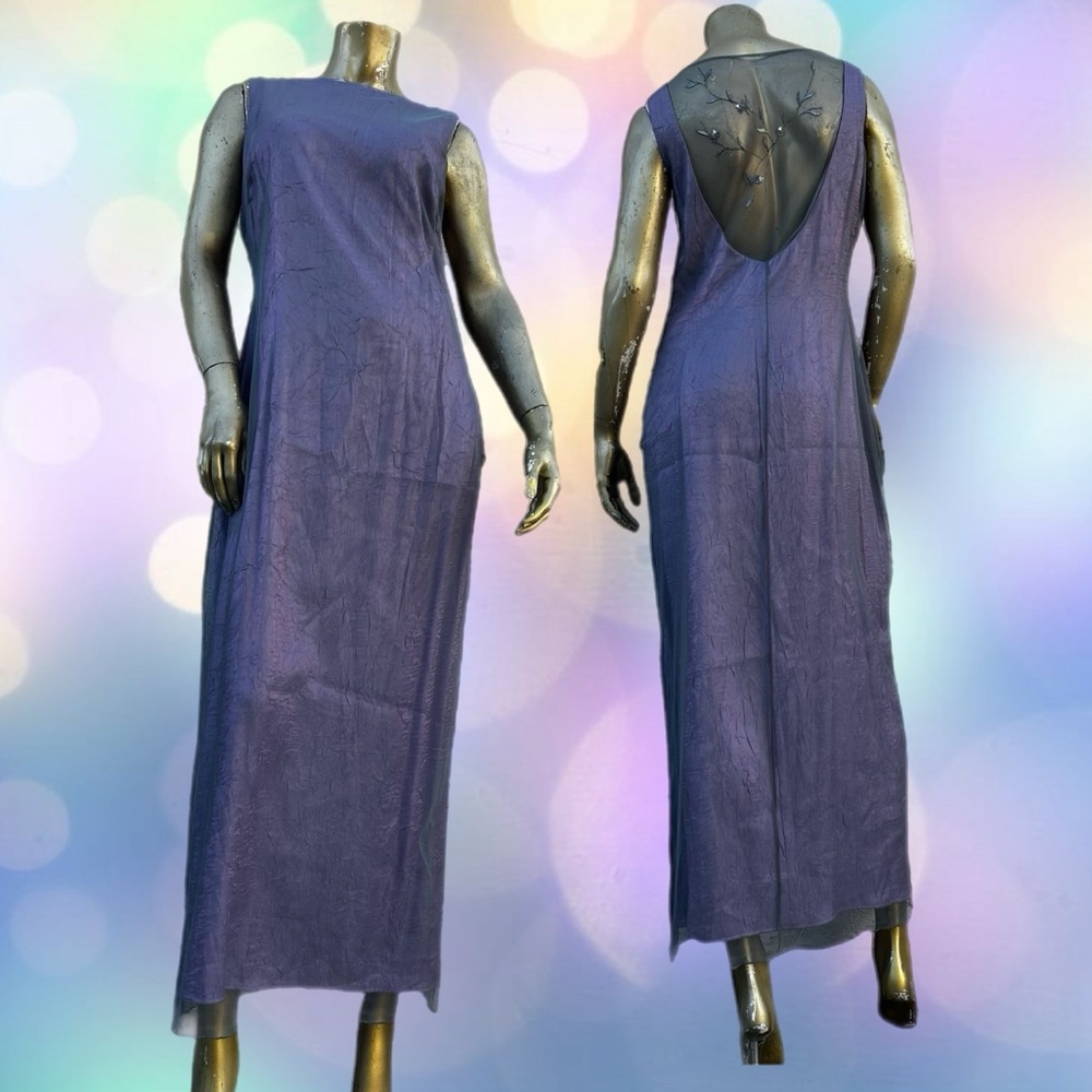 VINTAGE CDC grey micro mesh overlay iridescent lavender maxi dress-embroidery 12